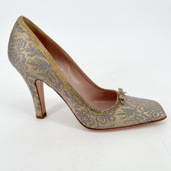 Prada Vintage Gold Floral Brocade Snakeskin Trim Bow Square Toe Heel IT 36.5 - Picture 3 of 11